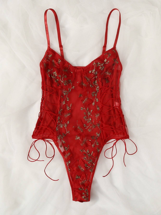 Embroidered Butterfly Mesh Lace-Up Teddy Bodysuit