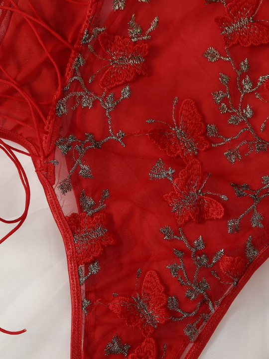 Embroidered Butterfly Mesh Lace-Up Teddy Bodysuit