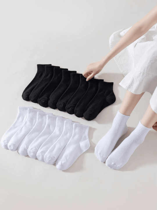 16 Pairs/Set Simple Black & White Damen Mid - Calf Socks, Breathable Anti - Odor & Skin - Friendly - Lolli World Marketplace