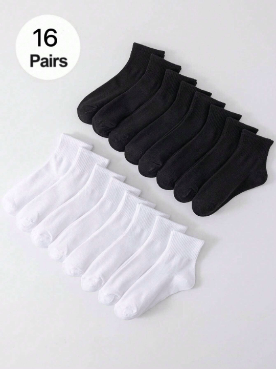 16 Pairs/Set Simple Black & White Damen Mid - Calf Socks, Breathable Anti - Odor & Skin - Friendly - Lolli World Marketplace