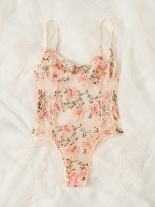 Butterfly Embroidered Mesh Teddy Bodysuit