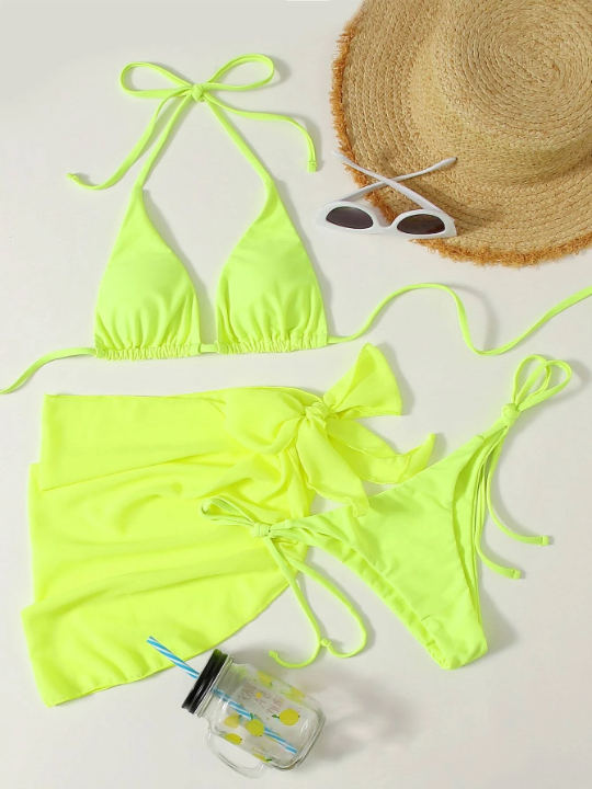 Swim Vcay 3pack Neon Lime Triangle Bikini Swimsuit With Beach Skirt