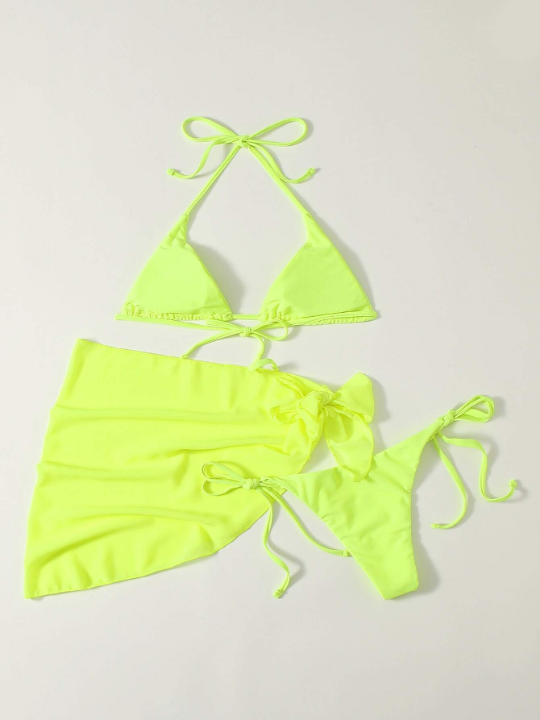 Swim Vcay 3pack Neon Lime Triangle Bikini Swimsuit With Beach Skirt