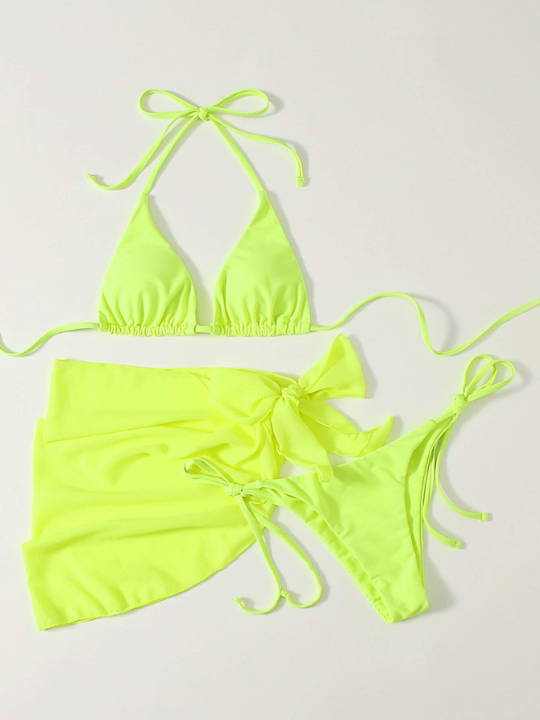 Swim Vcay 3pack Neon Lime Triangle Bikini Swimsuit With Beach Skirt