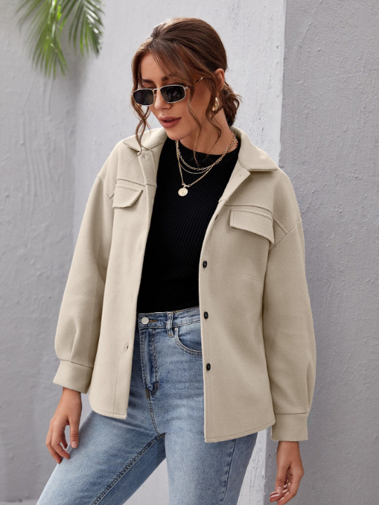 Essnce Button Front Drop Shoulder Solid Coat