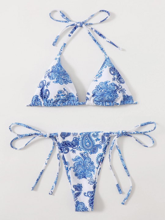 Swim BohoFeel Floral & Paisley Bikini Set Triangle Halter Bra & Tie Side Thong 2 Piece Swimsuit