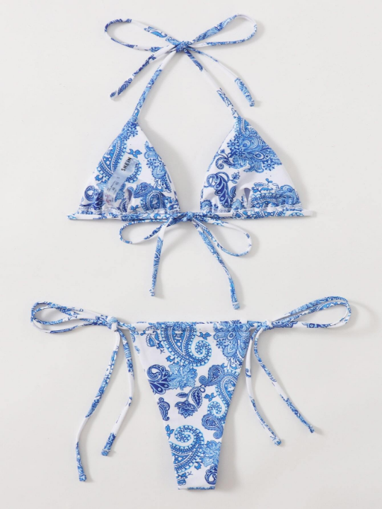 Swim BohoFeel Floral & Paisley Bikini Set Triangle Halter Bra & Tie Side Thong 2 Piece Swimsuit