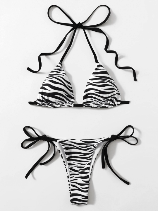 Swim Vcay Zebra Striped Bikini Set Halter Triangle Bra & Tie Side Bottom 2 Piece Swimsuit