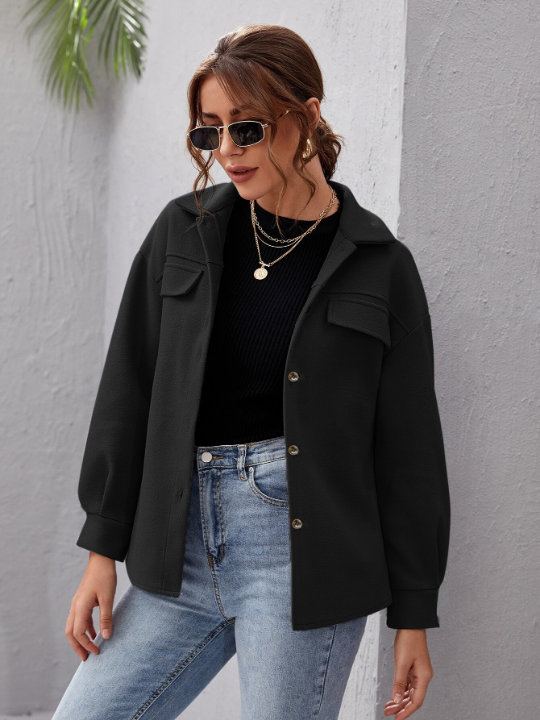 Essnce Button Front Drop Shoulder Solid Coat