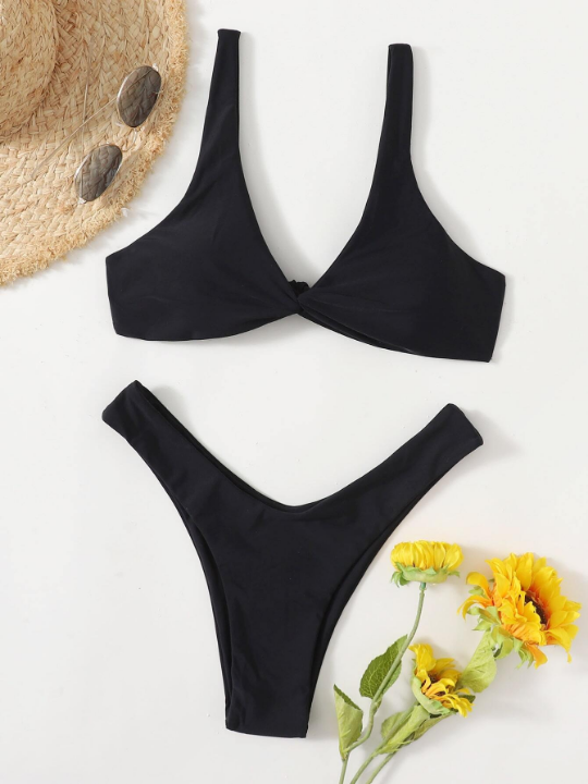 Swim Basics Twist Front High Cut Bikini Swimsuit