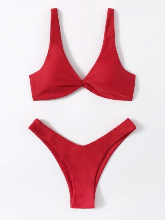 Swim Basics Twist Front High Cut Bikini Swimsuit