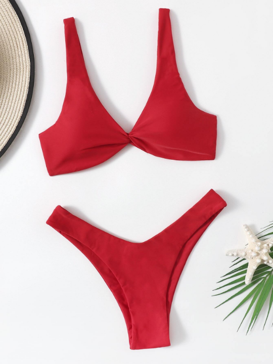 Swim Basics Twist Front High Cut Bikini Swimsuit