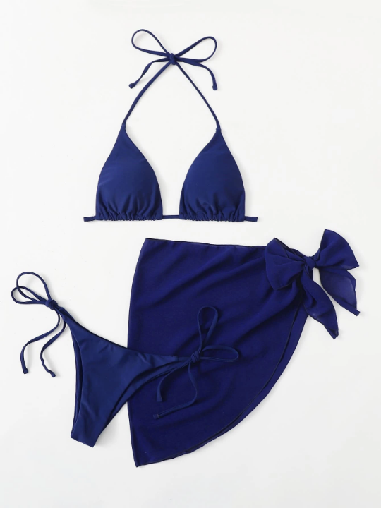 Swim Basics Solid Bikini Set Triangle Bra & Thong Bottom & Beach Skirt 3 Piece Bathing Suit