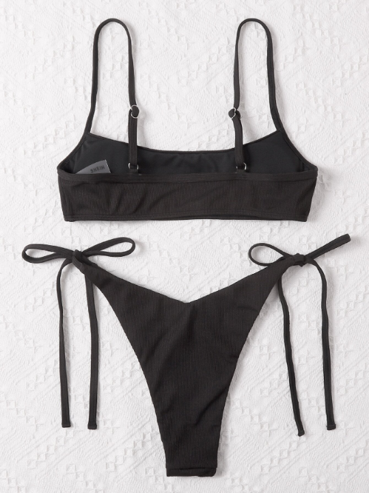 Swim Basics Ribbed Bikini Set Adjustable Strap Cami Top & Tie Side Thong Bottom 2 Piece Bathing Suit