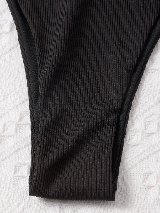 Swim Basics Ribbed Bikini Set Adjustable Strap Cami Top & Tie Side Thong Bottom 2 Piece Bathing Suit