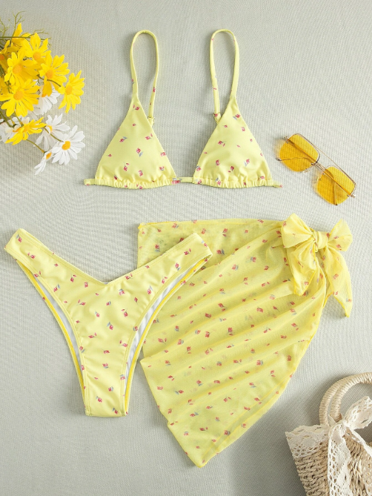 Swim Mod Ditsy Floral Bikini Set Triangle Bra & High Cut Bottom & Beach Skirt 3 Piece Bathing Suit