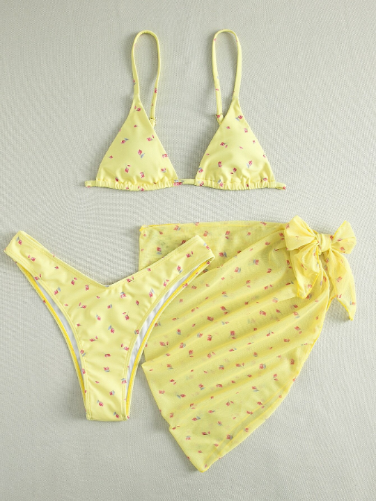 Swim Mod Ditsy Floral Bikini Set Triangle Bra & High Cut Bottom & Beach Skirt 3 Piece Bathing Suit