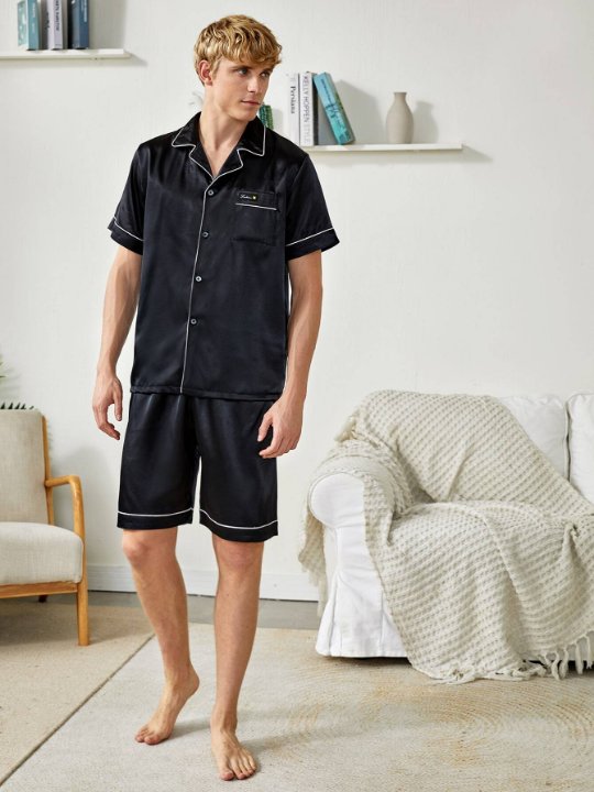 Men Satin Letter Patched Binding PJ Set