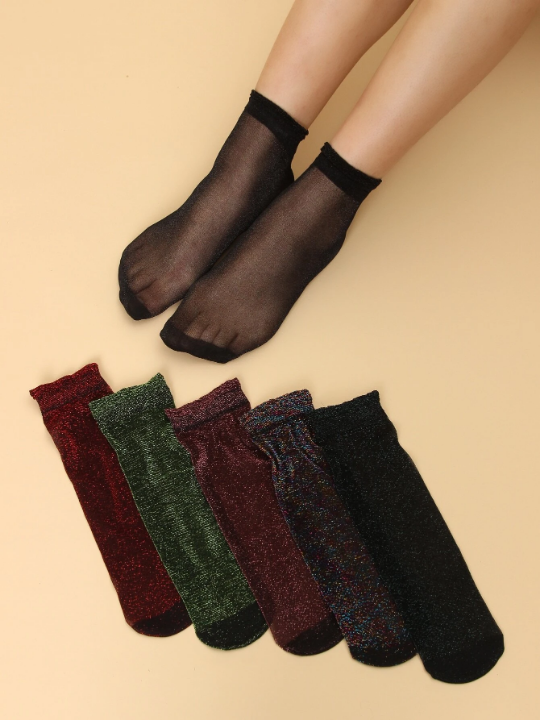 6pairs Glitter Detail Crew Socks