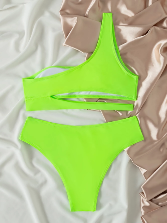 Swim Vcay Neon Lime One Shoulder Bikini Swimsuit