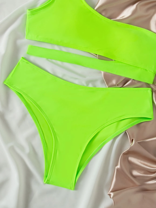 Swim Vcay Neon Lime One Shoulder Bikini Swimsuit