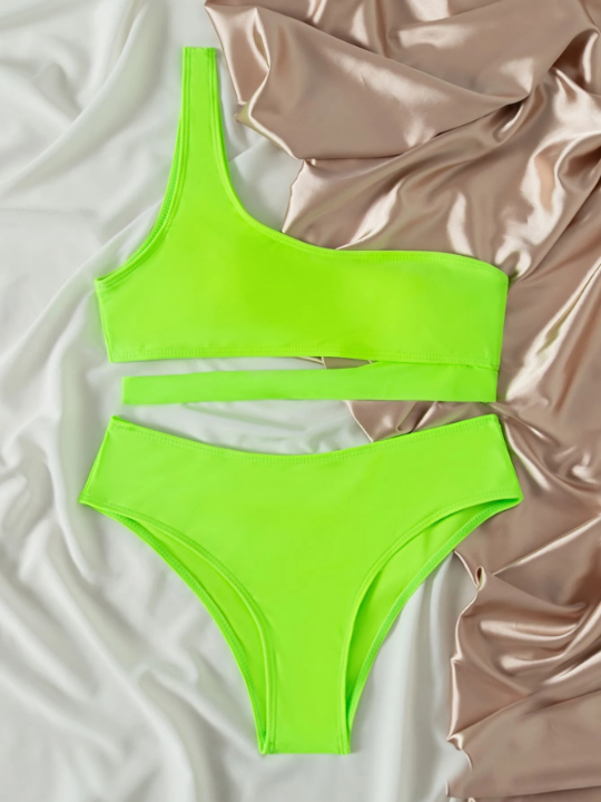 Swim Vcay Neon Lime One Shoulder Bikini Swimsuit