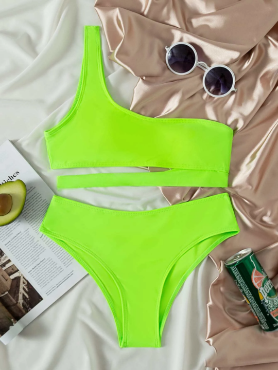 Swim Vcay Neon Lime One Shoulder Bikini Swimsuit