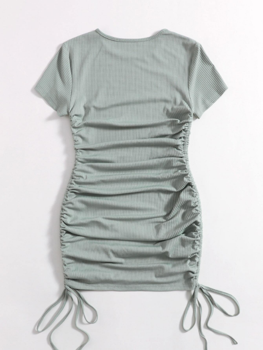 Solid Side Drawstring Ruched Bodycon Dress