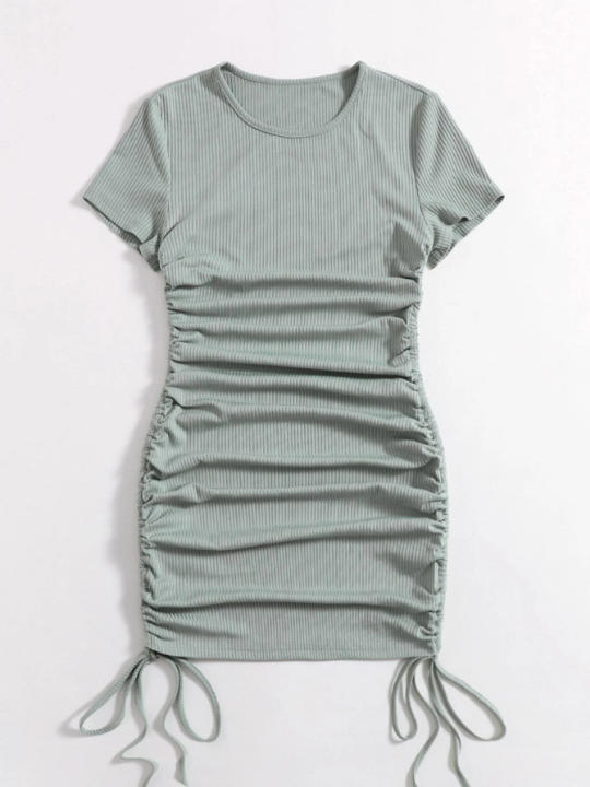 Solid Side Drawstring Ruched Bodycon Dress