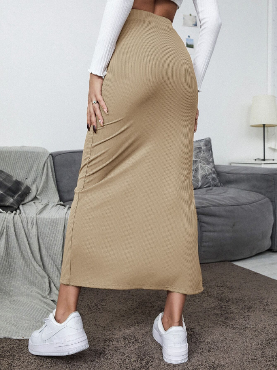 Split Hem Solid High Waist Skirt