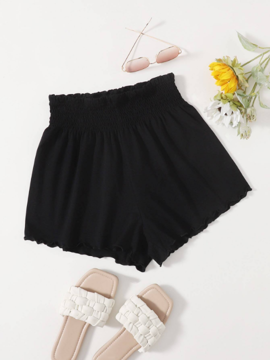 VCAY Shirred Waist Lettuce Trim Shorts