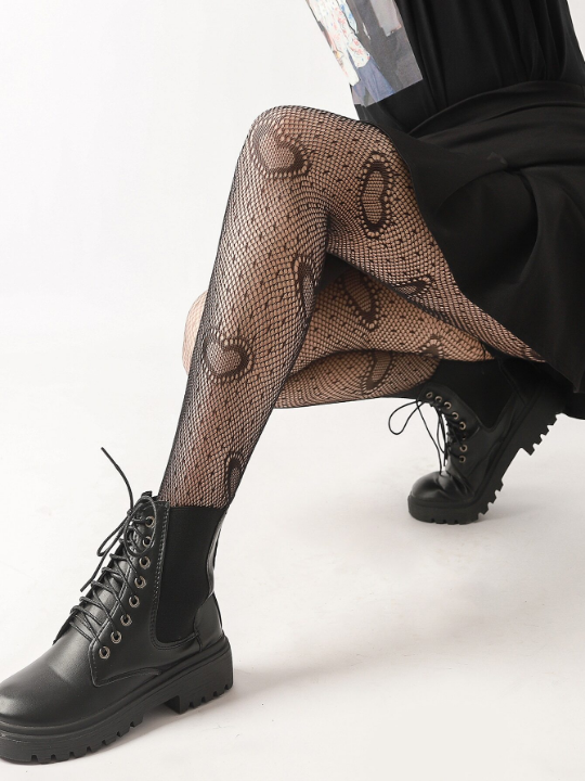 1pc Women's Black Heart Pattern Jacquard Tight Sexy Mesh Stockings Lovely Streetwear Leggings