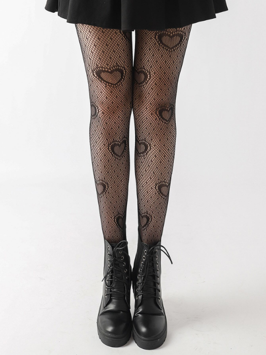 1pc Women's Black Heart Pattern Jacquard Tight Sexy Mesh Stockings Lovely Streetwear Leggings