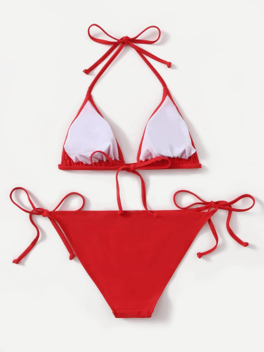 Swim Basics Mono Bikini Set Halter Triangle Bra & Tie Side Bottom 2 Piece Swimsuit