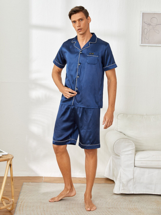 Men Satin Letter Patched Binding PJ Set