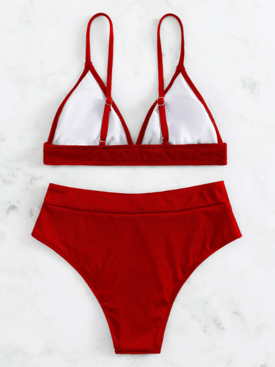 Swim Basics Rib-knit Bikini Set Triangle Bra Top & High Waisted Bikini Bottom 2 Piece Swimsuit