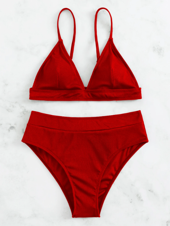 Swim Basics Rib-knit Bikini Set Triangle Bra Top & High Waisted Bikini Bottom 2 Piece Swimsuit