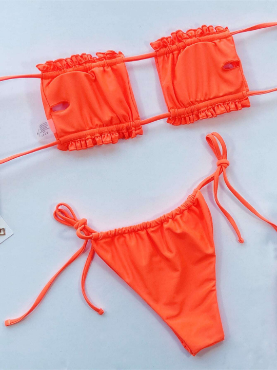 Swim Vcay Ruched Bikini Set Frill Trim Tie Back Bandeau Top & Tie Side Bottom 2 Piece Bathing Suit