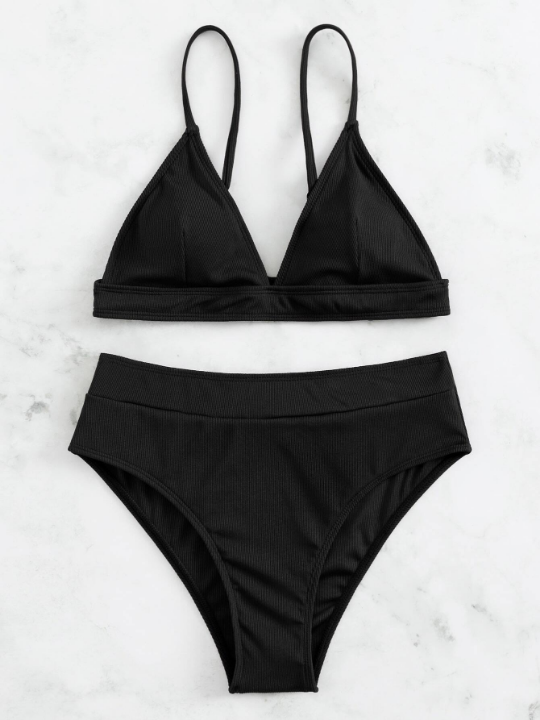 Swim Basics Rib Triangle High Waisted Bikini Swimsuit