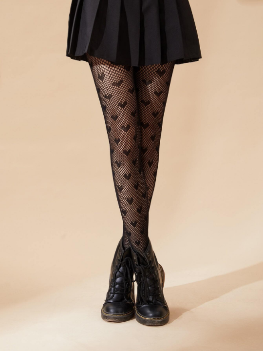 Heart Pattern Fishnet Black Tights For Women