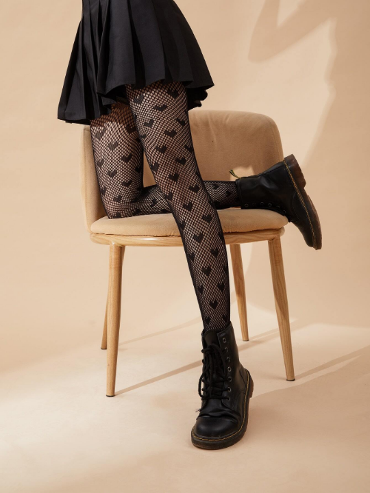 Heart Pattern Fishnet Black Tights For Women