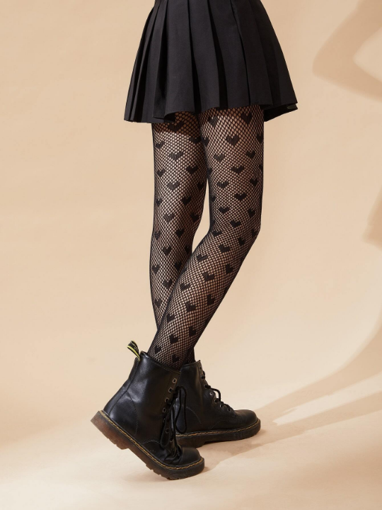 Heart Pattern Fishnet Black Tights For Women