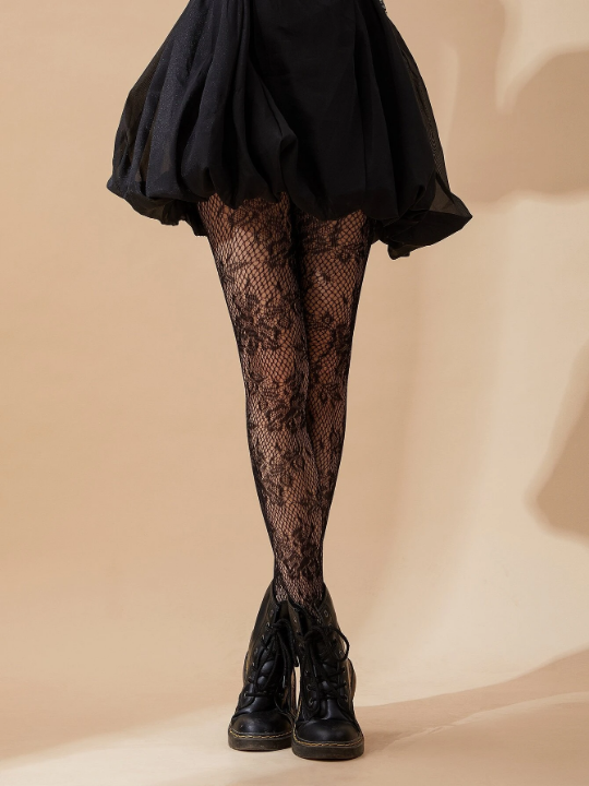 Flower Pattern Fishnet Black Tights