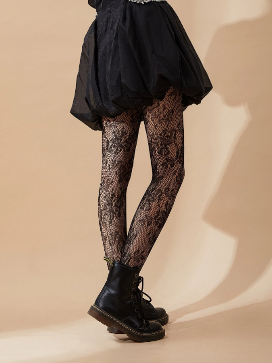 Flower Pattern Fishnet Black Tights