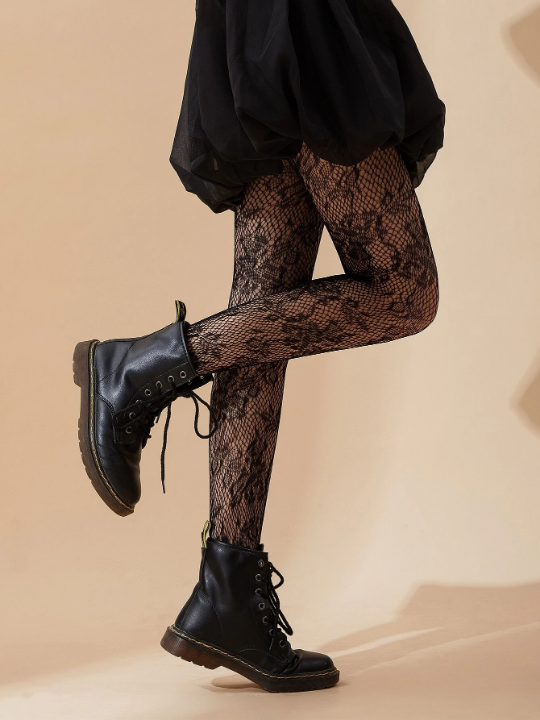 Flower Pattern Fishnet Black Tights