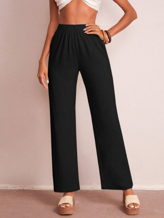 LUNE Elastic Waist Solid Wide Leg Pants