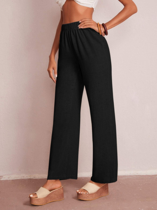 LUNE Elastic Waist Solid Wide Leg Pants