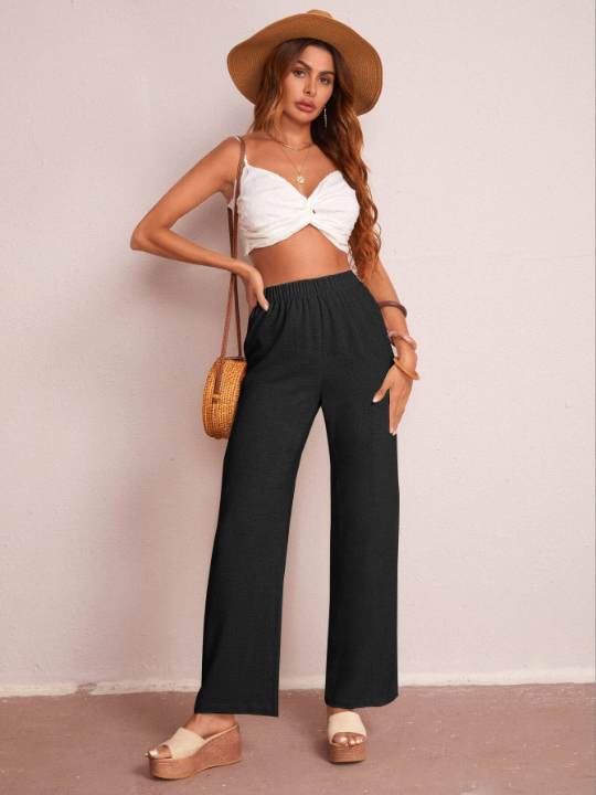 LUNE Elastic Waist Solid Wide Leg Pants