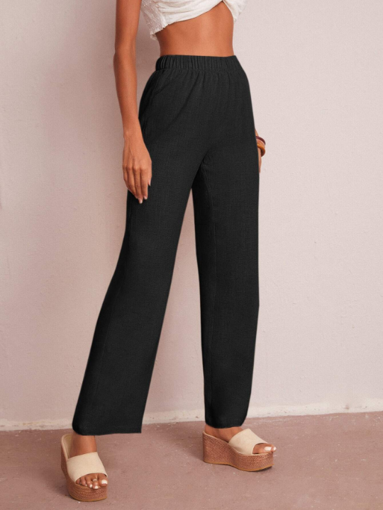 LUNE Elastic Waist Solid Wide Leg Pants