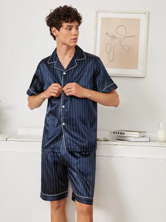 Men Vertical Striped Button Front PJ Set